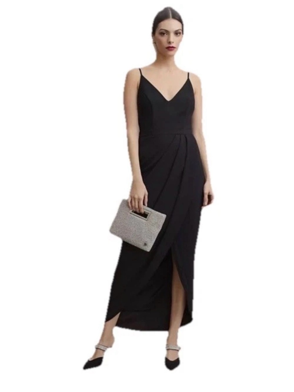 BHLDN Anthropologie Lyra V Neck Faux Wrap Stretch Crepe Long Dress Black Sz 0